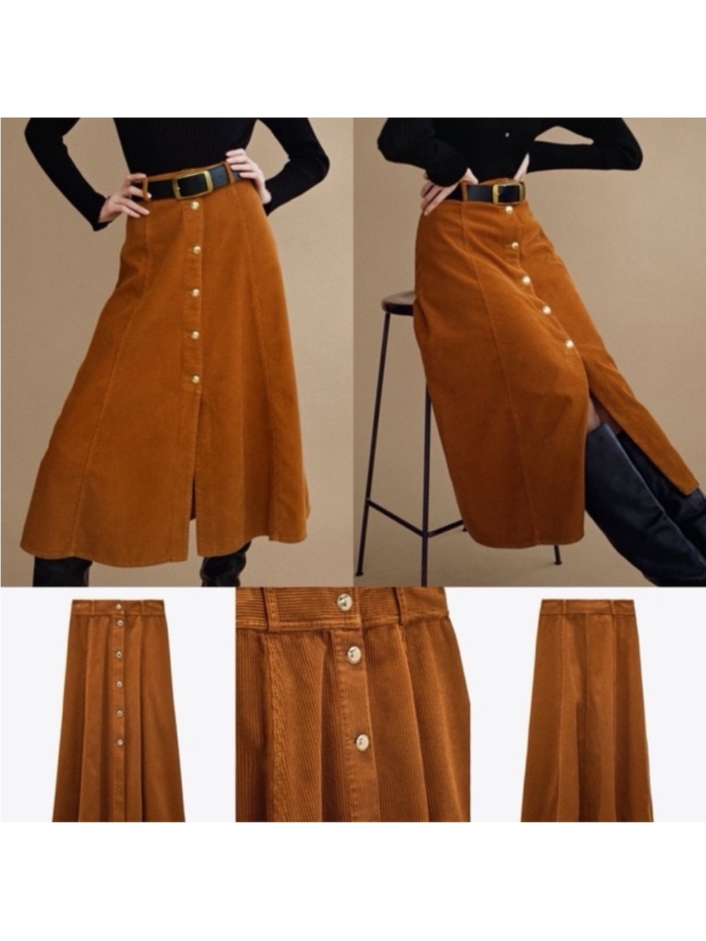 Zara Corduroy Button-Front Maxi Skirt in Rust
